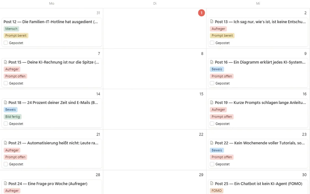 Redaktionskalender: geplante Beiträge mit Content-Typ, Bild-Status und Gepostet-Haken