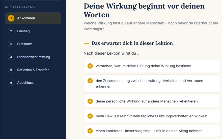 Kursbereich einer Lernplattform: Lektion mit sechs Schritten und den Lernzielen